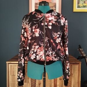 Richy colored sateen big floral bomber jacket, lightweight, zip front, M